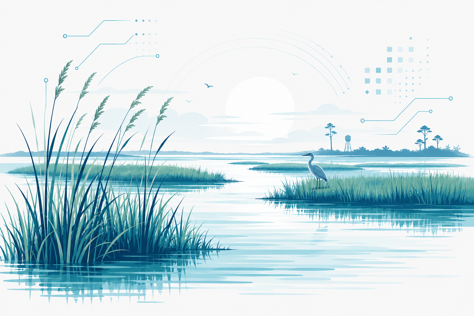 Eastern Shore saltwater marsh with blue heron and digital accents