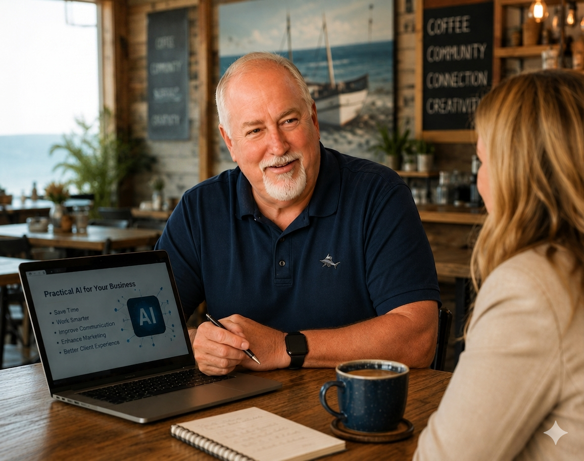Tom McMahon teaching practical AI in a coastal coffee shop setting